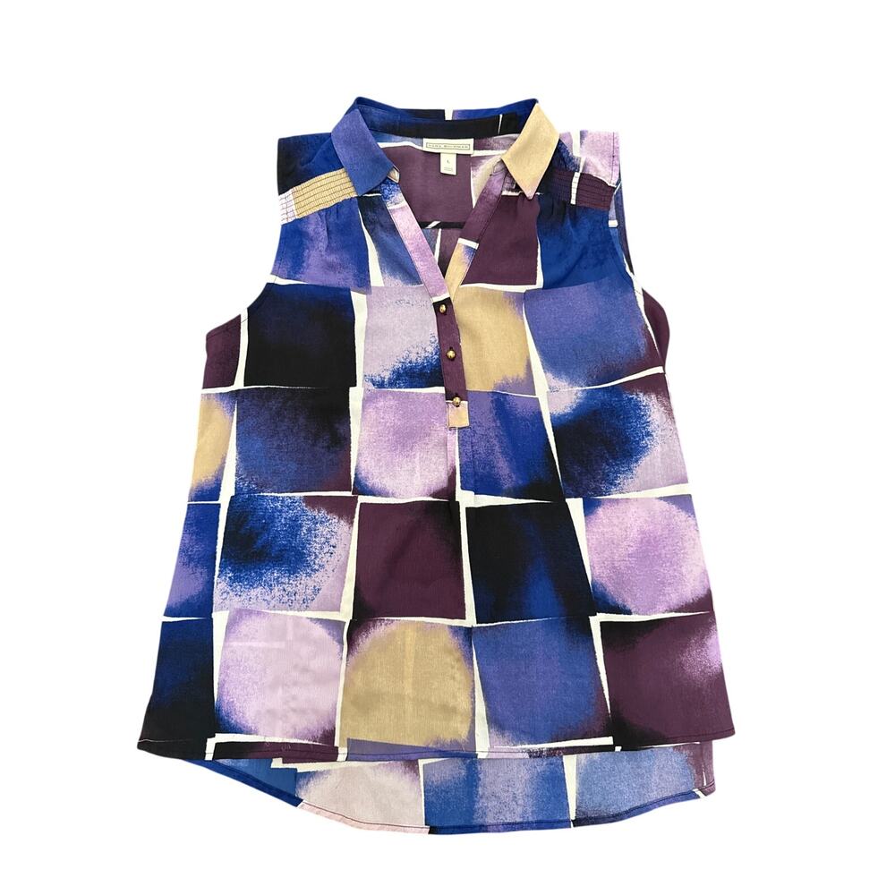 Dana Buchman Womens Sz L Sleeveless Half Button Down Shirt Artsy Squares